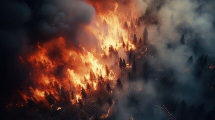 Aerial photography forest fire. Natural disaster.