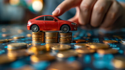 Businessman holding a toy car model over stacked coins, symbolizing car insurance, loan, and financing concepts, illustrating buying and installment payment processes