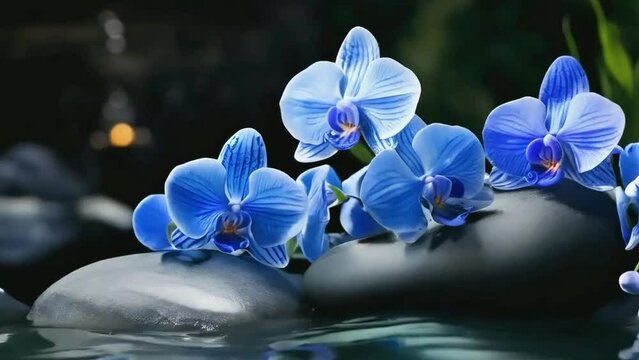 blue Orchids and spa stones balance on calm water, claming spa videos, calming ambient videos, relaxing videos, seamless looping 4k videos, youtube, stock videos, asmr videos, calming nature videos