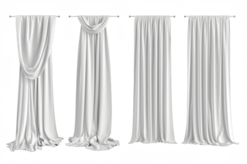 Three white curtains are hanging from a rod