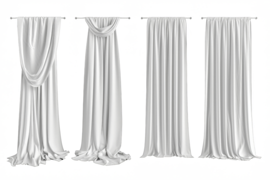 Three white curtains are hanging from a rod