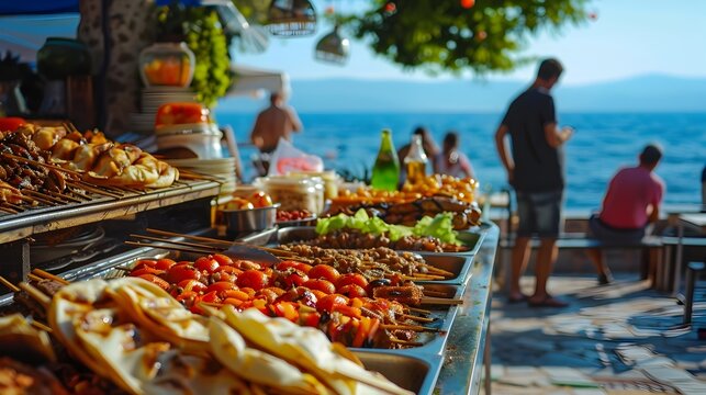 Fototapeta Mediterranean Seaside Stall Serving Freshly Grilled Gyros and Souvlaki