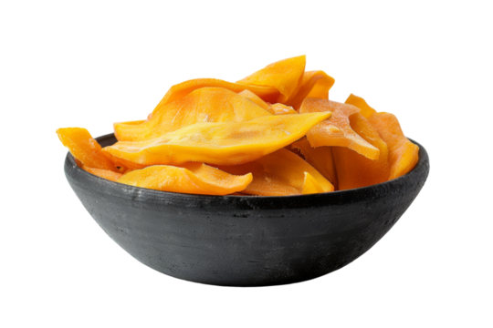 Urban Charm: Dried Papaya Featured in a Contemporary Matte Black Bowl Isolated On Transparent Background