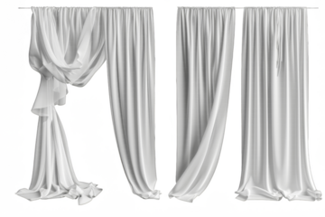 Three white curtains are hanging from a rod