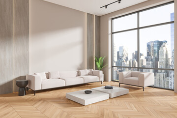 Modern living room with beige furniture and large windows showcasing a cityscape, light wood flooring, interior design concept.  3D Rendering