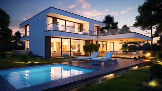 modern residential building with lighting and swimming pool in garden in the evening