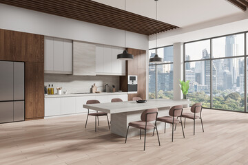 Beige home kitchen interior with stone table and chairs, cabinet and window