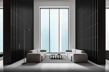 Black business interior with soft place and coffee table, panoramic window