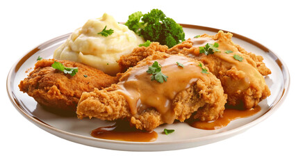 A plate of crispy fried chicken with mashed potatoes and gravy. isolated on Transparent background.