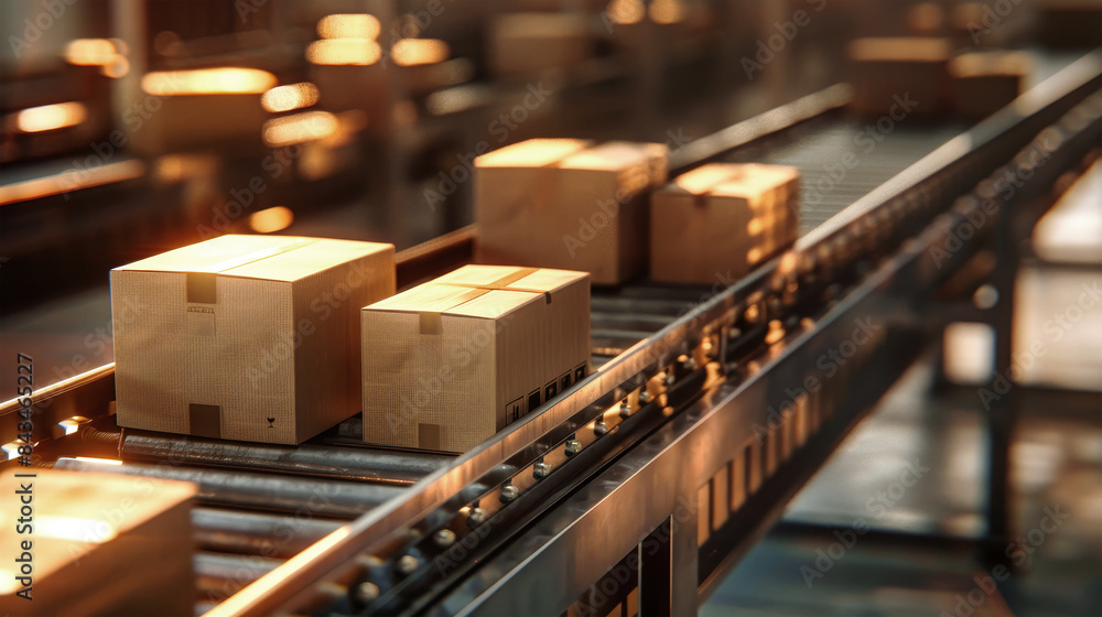 Poster a conveyor belt transporting various boxes in a warehouse or factory setting