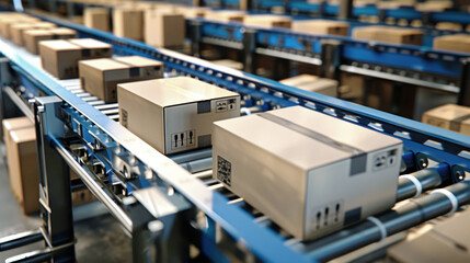 Boxes of various sizes and shapes are being transported on a conveyor belt in a busy warehouse
