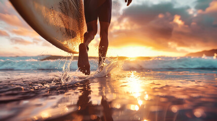 A surfer runs into the water with their surfboard, silhouetted against a vibrant sunset sky