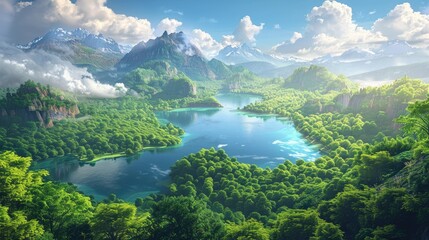 Vibrant 3D landscape with lush forests and lakes, providing ample room for text at the bottom of the image.