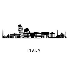 Obraz premium Italy skyline horizontal banner. Black and white silhouette. Vector of famous places template for your design.