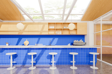 Tiled cafe interior with bar island and cabinet with kitchenware, attic ceiling