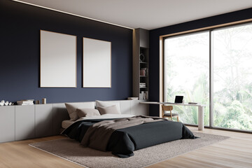 Modern bedroom with two framed posters on a dark wall, large windows with outside view, light interior, mockup.  3D Rendering