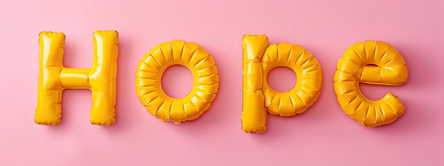  yellow phrase "hope" made of inflatable letters on pink background. motivate, fun and emotional support concept.