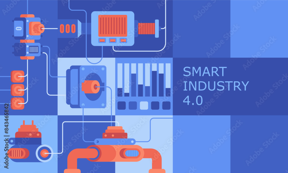Poster industry abstract background. robotic arms and machine tools of automated factory flat color design.