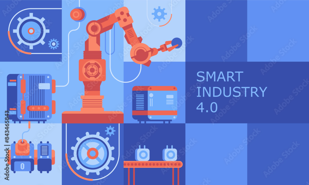 Poster industry abstract background. robotic arms and machine tools of automated factory flat color design.