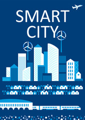 Naklejka premium Smart city concept, modern design. Urban landscape with infographic elements. Design for Web Page, Banner, Poster, Print etc. Vector Illustration.