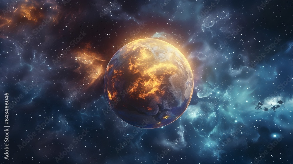 Aufkleber liquid 3d planet floating in starry,outer-space setting with flowing,glowing textures