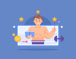 bodybuilding influencer. gym and education. educate about exercise. illustration of muscular man providing sports related information via video. illustration concept design. graphic elements