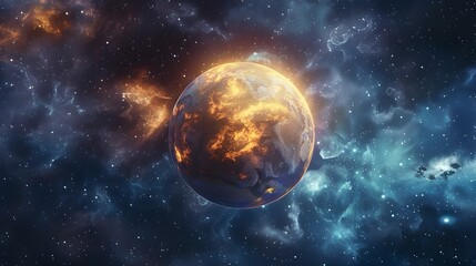 Naklejka premium Liquid 3D Planet Floating in Starry,Outer-Space Setting with Flowing,Glowing Textures