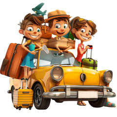 Cheerful family on a summer road trip with fully packed yellow car, enjoying vacation time together.