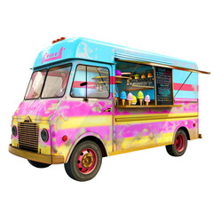 Colorful vintage ice cream truck with a vibrant paint job, serving a variety of ice creams through its open window.