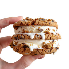 Hand holding a delicious ice cream sandwich made with chocolate chip cookies and vanilla ice cream. Perfect summer treat.