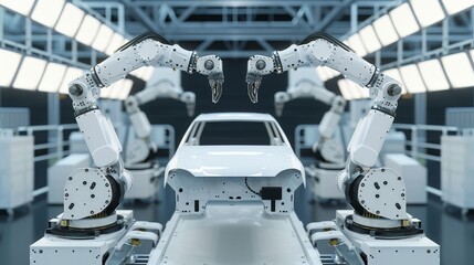 Industrial robots assembling cars theme side view showing manufacturing technology tone complementary color scheme