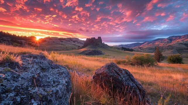 A colorful sunset casts a warm glow over a field of drumlins creating a scene of tranquility and wonder.