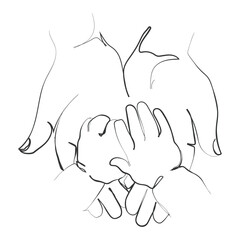 Hand drawn line art vector of parenthood and tender touch of babies. motherhood and fatherhood concept.