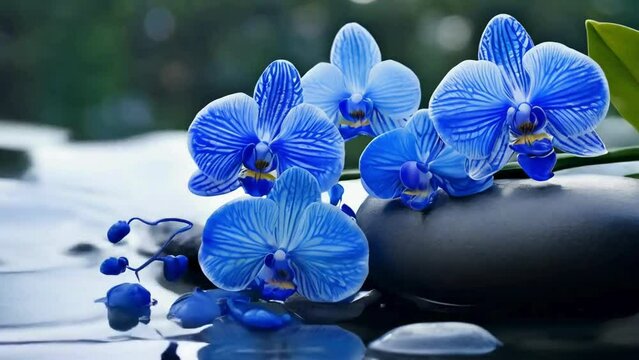 blue Orchids and spa stones balance on calm water, claming spa videos, calming ambient videos, relaxing videos, seamless looping 4k videos, youtube, stock videos, asmr videos, calming nature videos