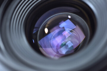 Close up of DSLR, SLR or Mirrorless camera lens and see through the lenses structure inside with...