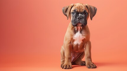A playful Boxer puppy sitting on a solid salmon background with space above for text