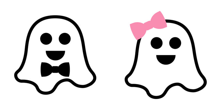 Logo con pareja de fantasmas para invitaciones y tarjetas de Halloween. Silueta de fantasma masculino con corbata de lazo y fantasma femenino con lazo de adorno