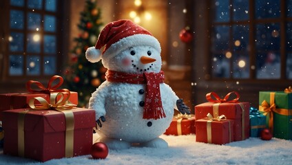 A festive snowman stands beside a Christmas tree, surrounded by presents, creating a joyful holiday scene.