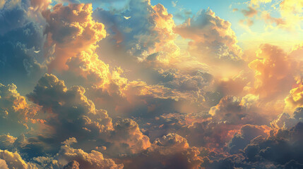 Obraz premium The sky is filled with fluffy white clouds, creating a serene