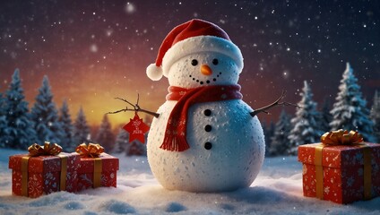 Generative AI A snowman with presents and a red hat, standing in a snowy landscape, spreading holiday cheer.