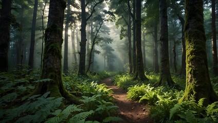 Naklejka premium The mystical allure of the verdant mountains, where ancient forests thrive and hidden creatures roam ai_generated