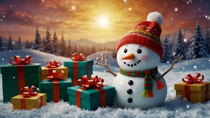 Generative AI A snowman surrounded by presents in a snowy landscape.