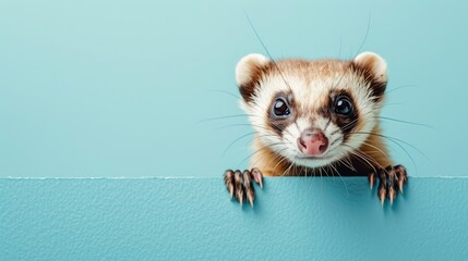 A curious ferret peeking out from a solid sky blue background with space above for text