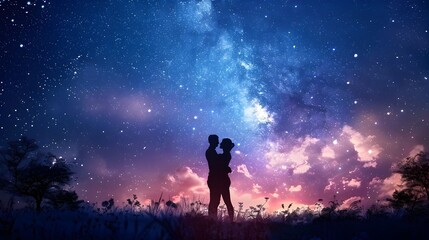 Lovers Embracing Under Starry Night Sky in Romantic,Dreamy Atmosphere