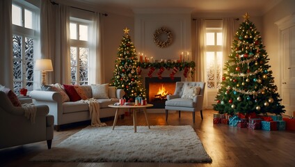 Generative AI A cozy living room adorned with Christmas trees and a warm fireplace, creating a festive ambiance.