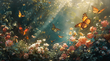 Fototapeta premium A painting of a field of flowers with many butterflies flying around