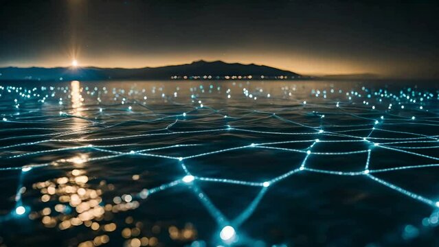 Light beams visualizing an underwater communication network connecting subsea data stations within a bioluminescent ocean