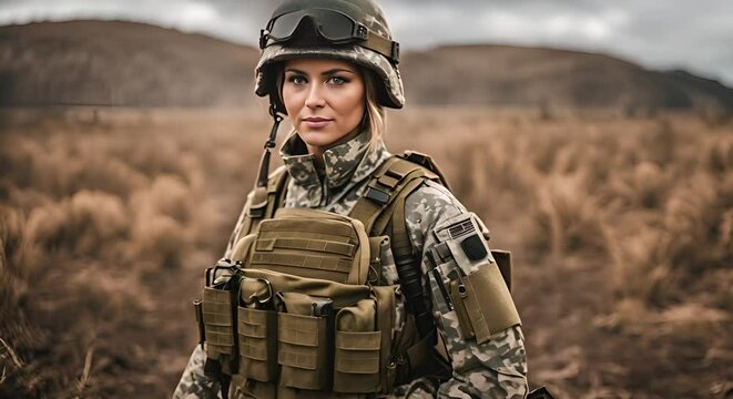Female soldier with military equipment.