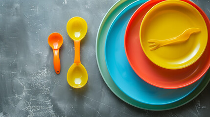 A set of plastic dishware is arranged neatly on a grey table offering a convenient and practical solution for serving baby food The copy space image allows for creativity and customization in present 