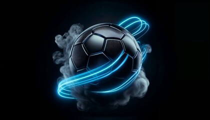 Black Soccer Ball With Blue Lights and Smoke on a Black Background